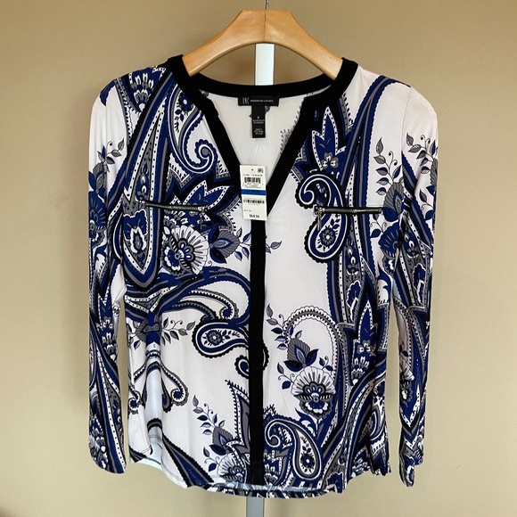 INC Blue Black White Paisley Top - Picture 2 of 4